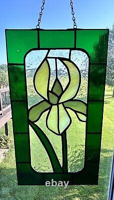 Vintage Stained Glass Iris Panel Handcrafted Etched Hanging Art Trinklein 15