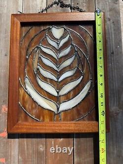 Vintage Stained Glass Panel 14x11 inches Brown White