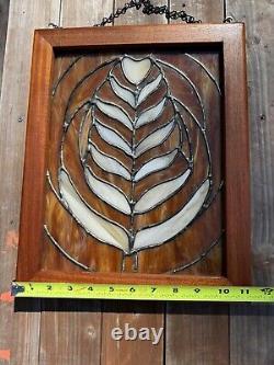 Vintage Stained Glass Panel 14x11 inches Brown White