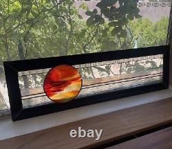 Vintage Stained Glass Panel Art Deco Sunset Beach Black Sun Frosted 30 x 9