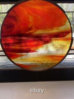 Vintage Stained Glass Panel Art Deco Sunset Beach Black Sun Frosted 30 x 9