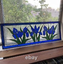 Vintage Stained Glass Panel Blue Tulips Flowers Frosted Glass 35 3/4 x 12.5