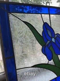 Vintage Stained Glass Panel Blue Tulips Flowers Frosted Glass 35 3/4 x 12.5