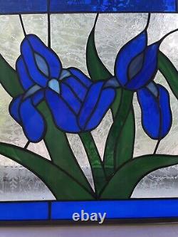 Vintage Stained Glass Panel Blue Tulips Flowers Frosted Glass 35 3/4 x 12.5