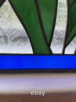 Vintage Stained Glass Panel Blue Tulips Flowers Frosted Glass 35 3/4 x 12.5