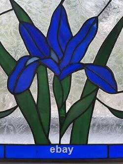 Vintage Stained Glass Panel Blue Tulips Flowers Frosted Glass 35 3/4 x 12.5