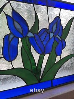 Vintage Stained Glass Panel Blue Tulips Flowers Frosted Glass 35 3/4 x 12.5