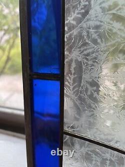 Vintage Stained Glass Panel Blue Tulips Flowers Frosted Glass 35 3/4 x 12.5