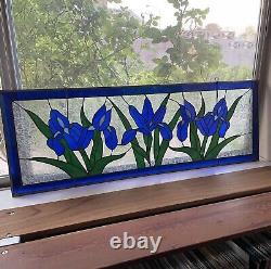 Vintage Stained Glass Panel Blue Tulips Flowers Frosted Glass 35 3/4 x 12.5