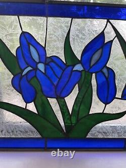 Vintage Stained Glass Panel Blue Tulips Flowers Frosted Glass 35 3/4 x 12.5