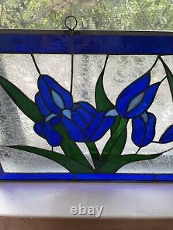 Vintage Stained Glass Panel Blue Tulips Flowers Frosted Glass 35 3/4 x 12.5