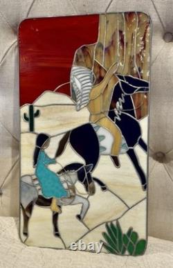 Vintage Stained Glass Panel Southwest Desert Native Americans 11.75x 21