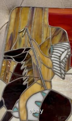 Vintage Stained Glass Panel Southwest Desert Native Americans 11.75x 21 Vintage Stained Glass Panel Southwest Desert Native Americans 11.75x 21