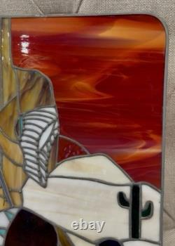 Vintage Stained Glass Panel Southwest Desert Native Americans 11.75x 21