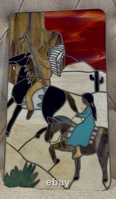 Vintage Stained Glass Panel Southwest Desert Native Americans 11.75x 21