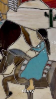 Vintage Stained Glass Panel Southwest Desert Native Americans 11.75x 21