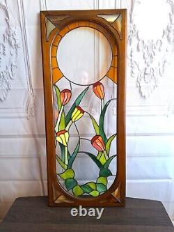 Vintage Stained Glass Panel Tulips Orange Yellow Flowers 28.5 x 12