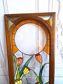 Vintage Stained Glass Panel Tulips Orange Yellow Flowers 28.5 x 12