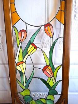 Vintage Stained Glass Panel Tulips Orange Yellow Flowers 28.5 x 12