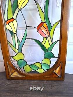 Vintage Stained Glass Panel Tulips Orange Yellow Flowers 28.5 x 12