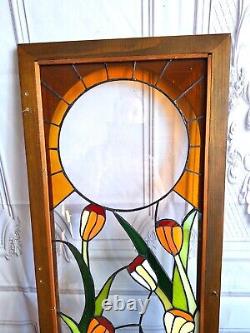 Vintage Stained Glass Panel Tulips Orange Yellow Flowers 28.5 x 12