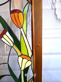 Vintage Stained Glass Panel Tulips Orange Yellow Flowers 28.5 x 12