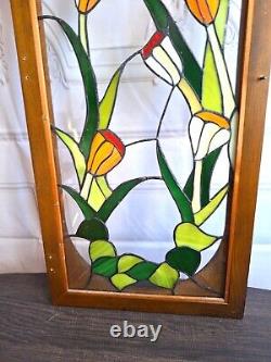 Vintage Stained Glass Panel Tulips Orange Yellow Flowers 28.5 x 12