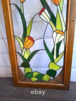 Vintage Stained Glass Panel Tulips Orange Yellow Flowers 28.5 x 12