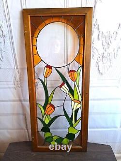 Vintage Stained Glass Panel Tulips Orange Yellow Flowers 28.5 x 12