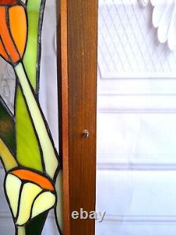 Vintage Stained Glass Panel Tulips Orange Yellow Flowers 28.5 x 12