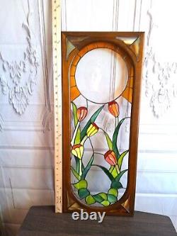 Vintage Stained Glass Panel Tulips Orange Yellow Flowers 28.5 x 12