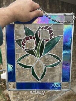 Vintage Stained Glass Panel multicolored. Flowers