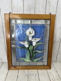 Vintage Stained-Glass Panel with Wood Frame White Lilly Design 16x20 Hangers