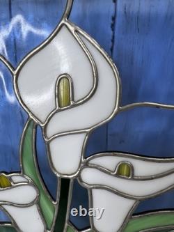 Vintage Stained-Glass Panel with Wood Frame White Lilly Design 16x20 Hangers