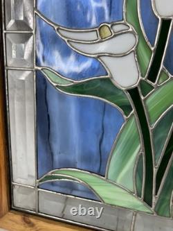 Vintage Stained-Glass Panel with Wood Frame White Lilly Design 16x20 Hangers