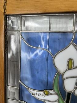 Vintage Stained-Glass Panel with Wood Frame White Lilly Design 16x20 Hangers