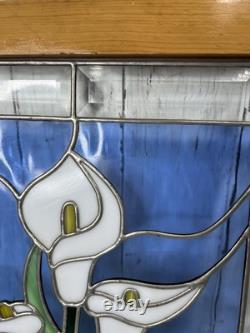 Vintage Stained-Glass Panel with Wood Frame White Lilly Design 16x20 Hangers