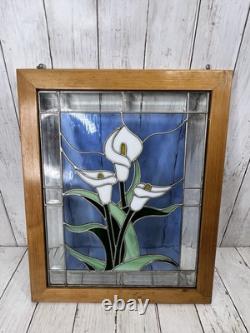 Vintage Stained-Glass Panel with Wood Frame White Lilly Design 16x20 Hangers