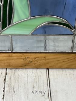 Vintage Stained-Glass Panel with Wood Frame White Lilly Design 16x20 Hangers