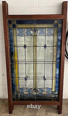 Vintage Stained Glass Panels Wood Frame(Clear/Blue Leaf) Door/Window 28x46
