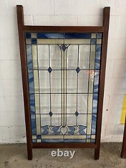 Vintage Stained Glass Panels Wood Frame(Clear/Blue Leaf) Door/Window 28x46
