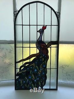 Vintage Stained Glass Peacock Metal Frame Panel in Pristine Condition