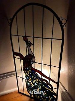 Vintage Stained Glass Peacock Metal Frame Panel in Pristine Condition