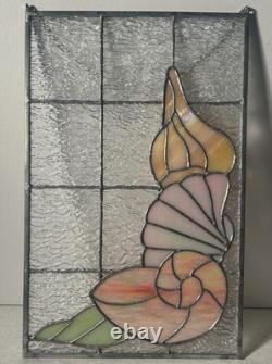 Vintage Stained Glass Sea Shells Beach Beveled 16x10 Window Panel Coastal