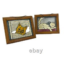 Vintage Stained Glass Set of 2 Cat Wall Window Panel In Wood Frame Handmade Slag