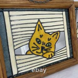 Vintage Stained Glass Set of 2 Cat Wall Window Panel In Wood Frame Handmade Slag