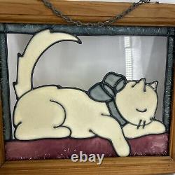 Vintage Stained Glass Set of 2 Cat Wall Window Panel In Wood Frame Handmade Slag