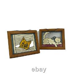 Vintage Stained Glass Set of 2 Cat Wall Window Panel In Wood Frame Handmade Slag