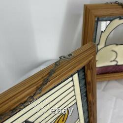 Vintage Stained Glass Set of 2 Cat Wall Window Panel In Wood Frame Handmade Slag