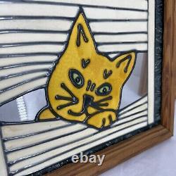 Vintage Stained Glass Set of 2 Cat Wall Window Panel In Wood Frame Handmade Slag